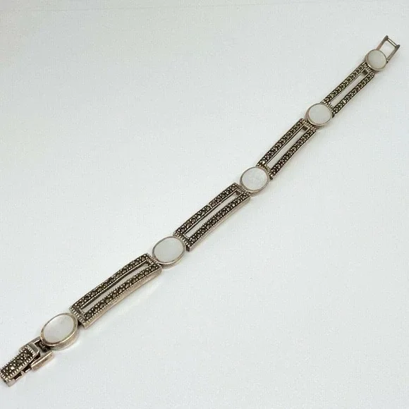 Vintage 925 Sterling Silver Marcasite Mother Of Pearl Chain Link Bracelet 7.5" - Picture 2 of 6